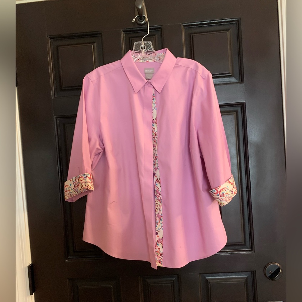 Chico’s Pink Button-Up Shirt with Paisley Trim size 2(L).